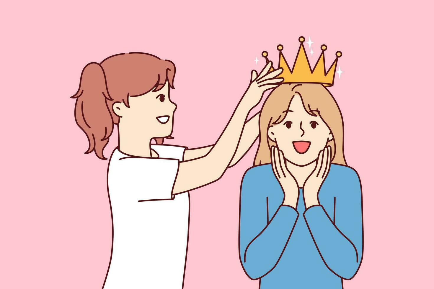 wenig Mädchen setzt Krone auf überglücklich Schwestern Kopf während spielen Prinzessinnen von uralt Königreich vektor