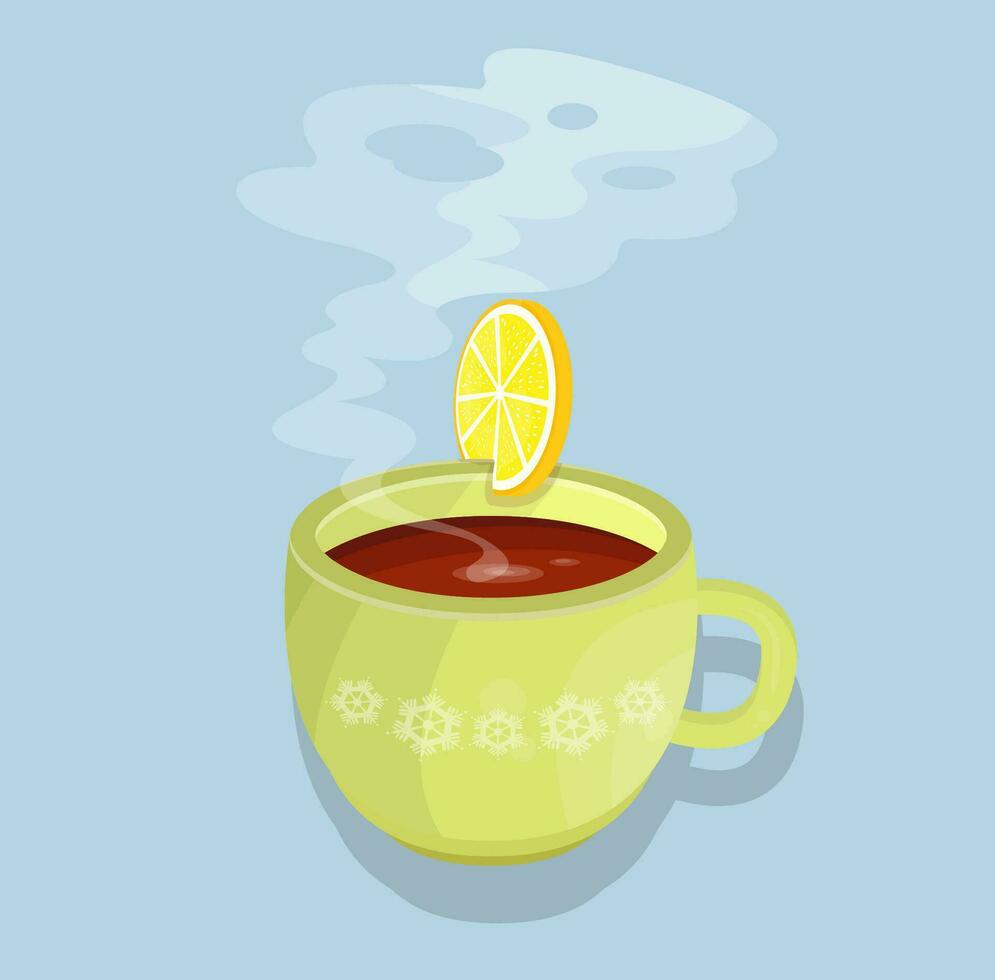 schwarz Tee mit Zitrone im das Tasse isoliert. Mittagessen, Frühstück. heiß trinken zum kalt Wetter. Speisekarte Artikel. Symbol. eben Vektor Illustration.