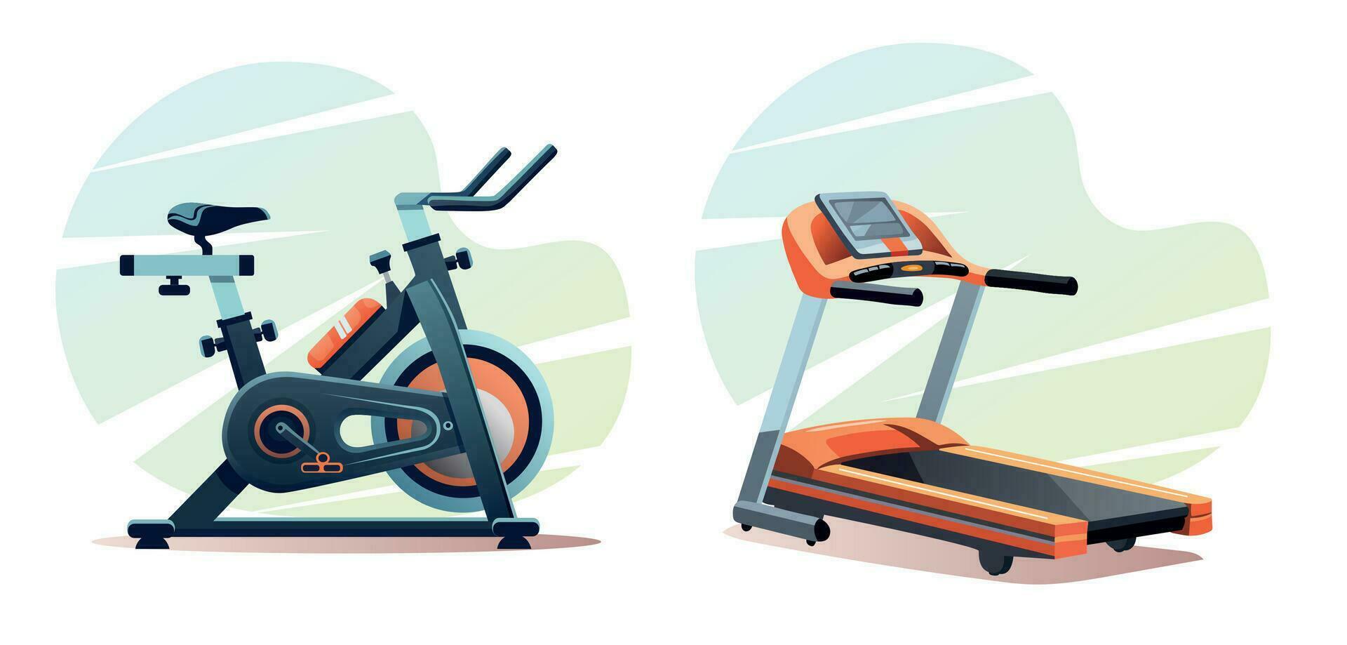 Übung Fahrrad und Laufband zum Sport. ein einstellen von Ausrüstung zum ein Fitness Zimmer. Cardio Werkzeug. vektor