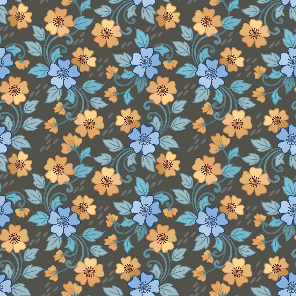 söt små gul och blå blommor med grön blad sömlös mönster. vektor