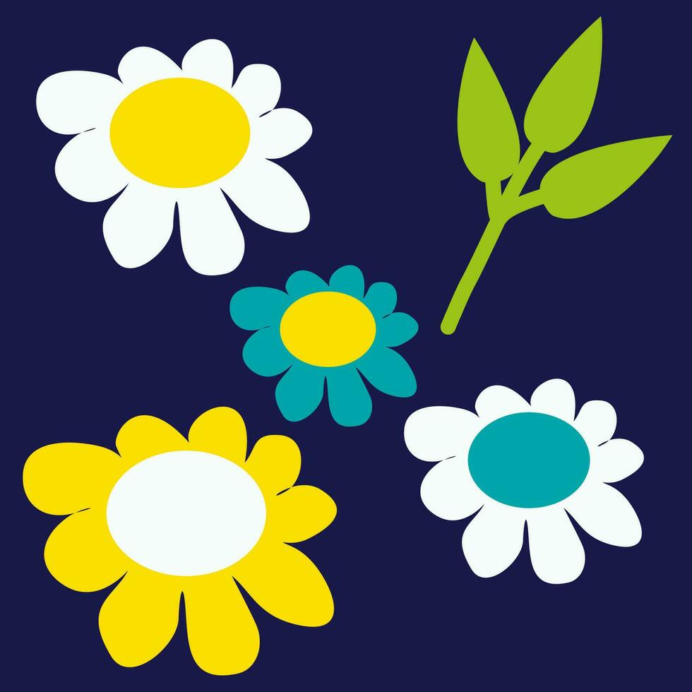 platt blommor och blad uppsättning. vektor blommar, retro årgång hand dragen dekorativ element, 60s och 70s blomma, ljus färger. illustration för vykort, tapet, affisch, logotyp design, dekoration.