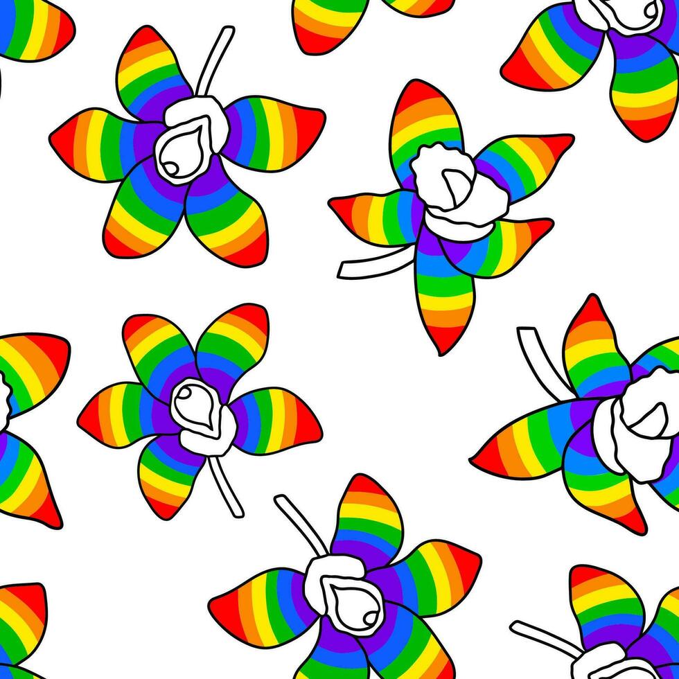 nahtlos Muster mit Regenbogen Orchidee Blumen. Vektor modern eben Illustration isoliert auf Weiß Hintergrund