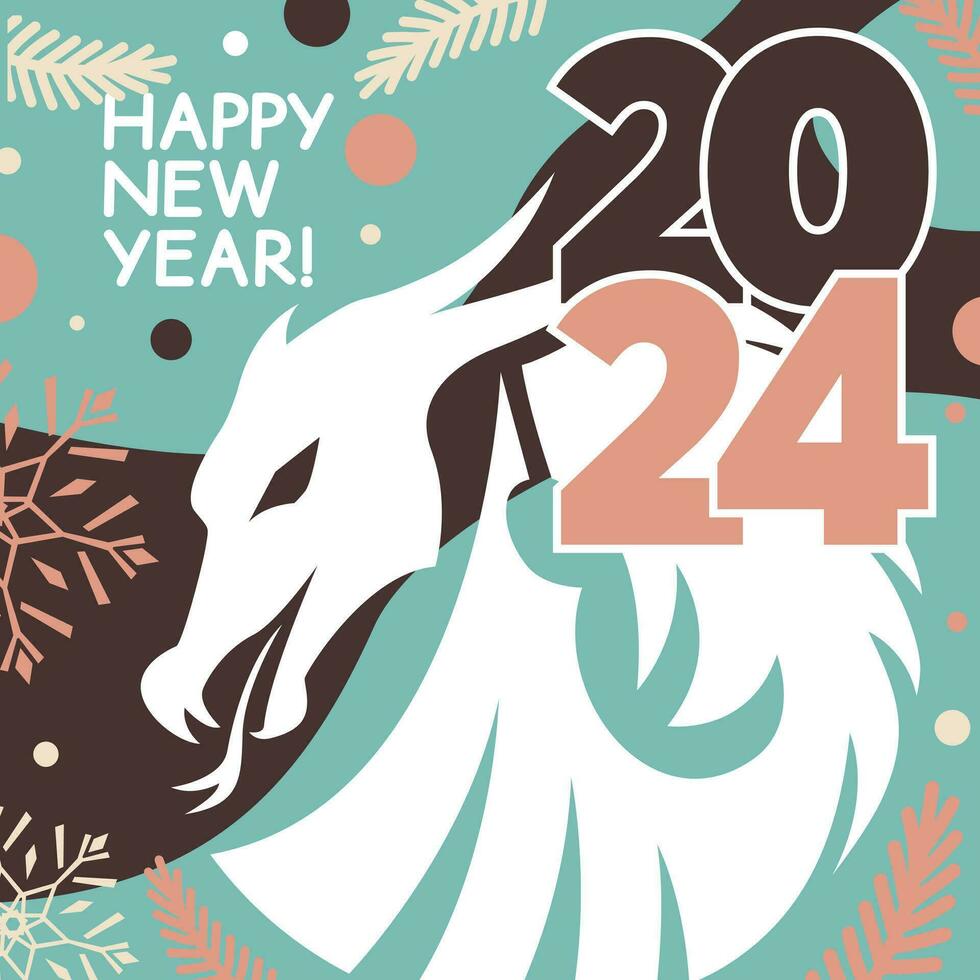 glücklich Neu Jahr 2024 Platz Karte mit Drachen, Schneeflocken, und Text. Vektor eben Illustration.