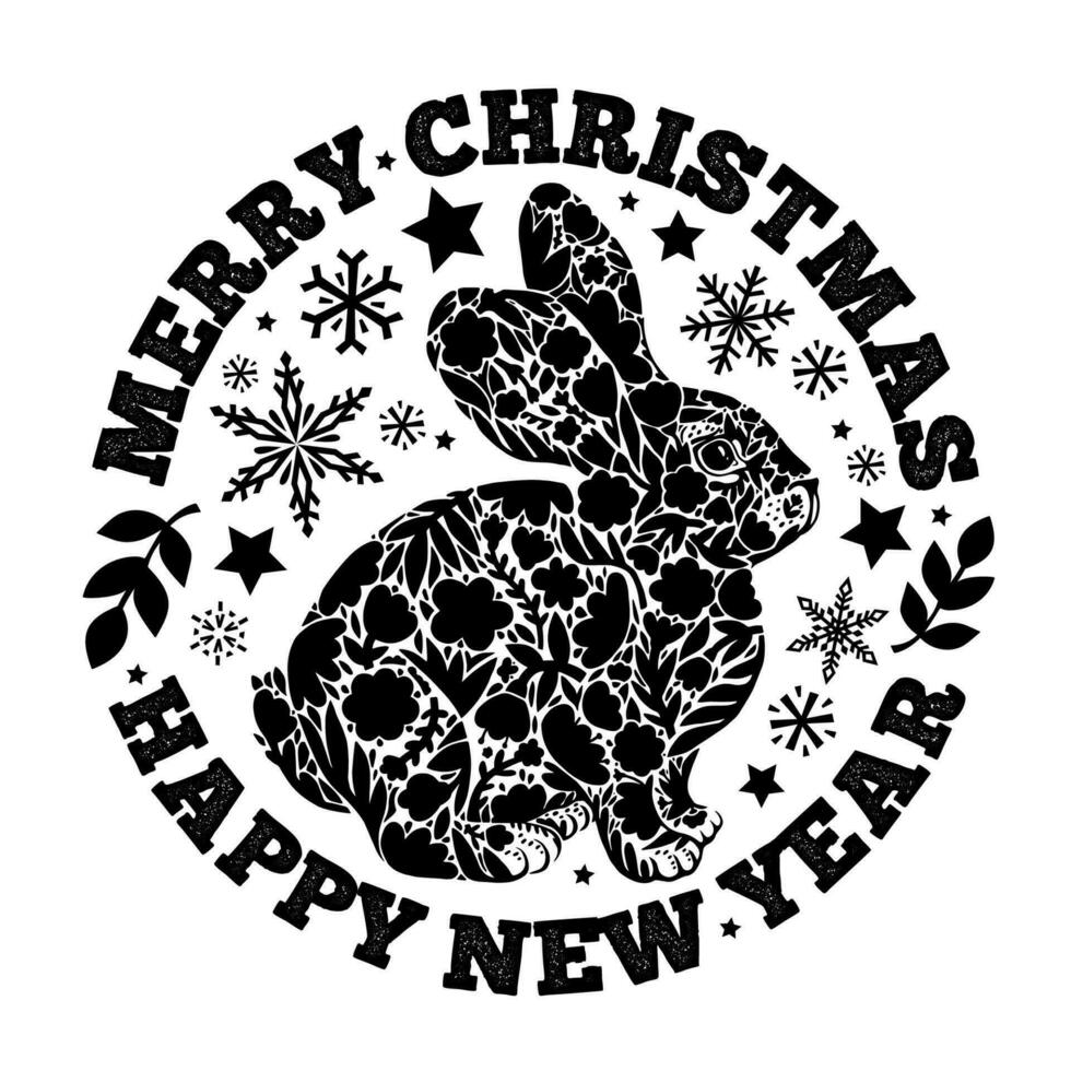 mary jul och Lycklig ny år vektor svart och vit grafisk illustration med kanin.