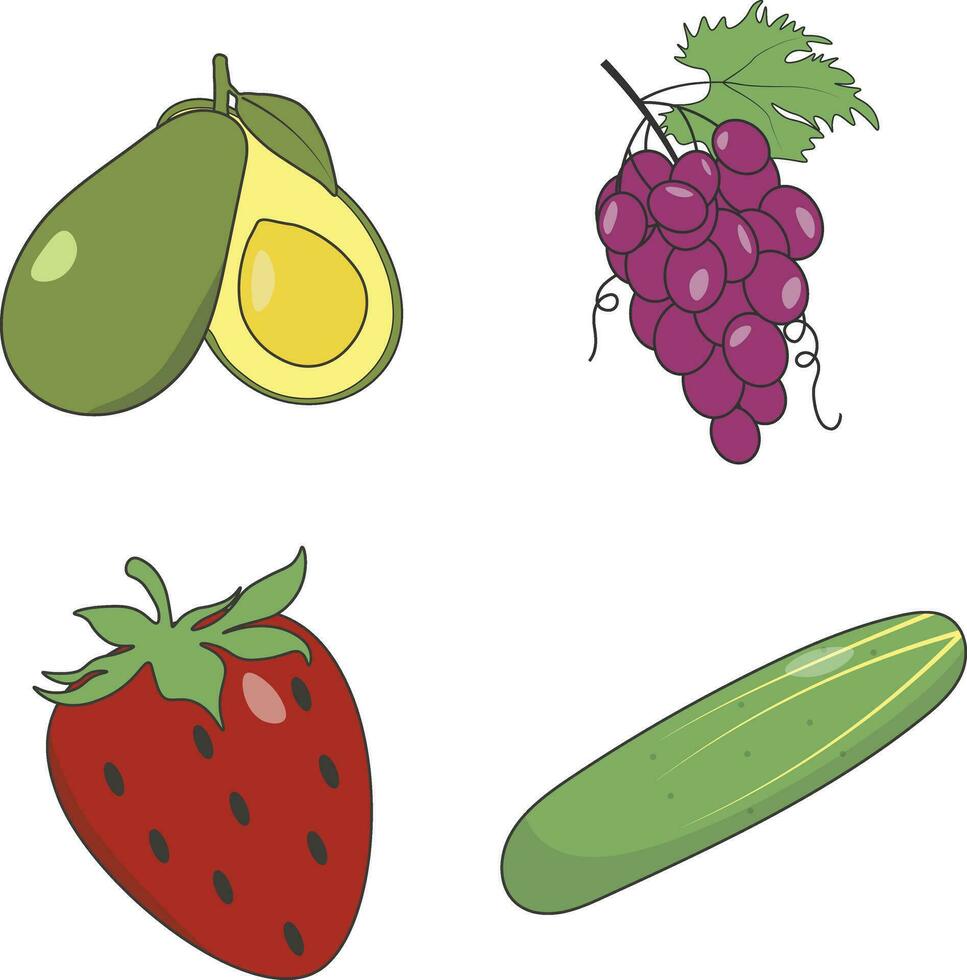 Früchte und Gemüse mit eben Design. Vektor Illustration Satz.