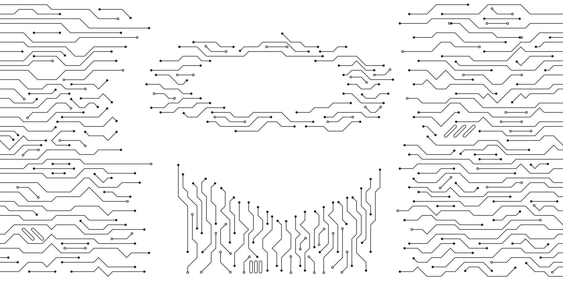 Leiterplatten-Design-Hintergrund. geometrischer schwarzer einfacher flacher hintergrund der kommunikationstechnologien vektor