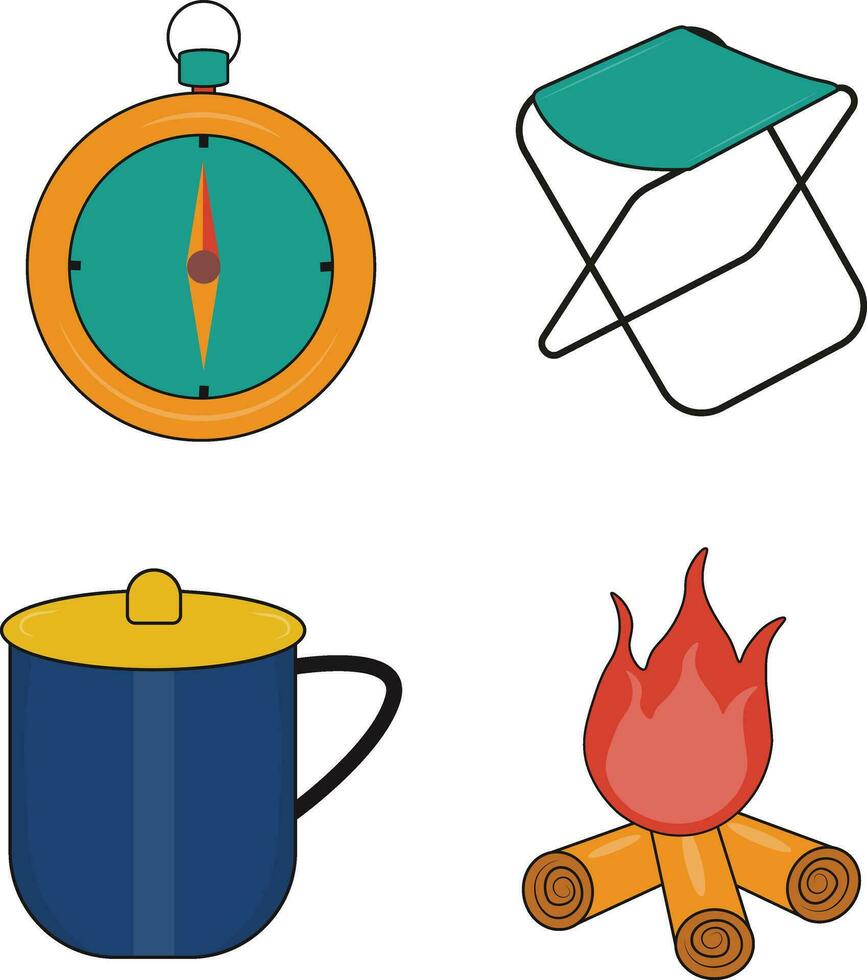 Camping Ausrüstung Symbol Sammlung. Karikatur Design Stil. Vektor Illustration.