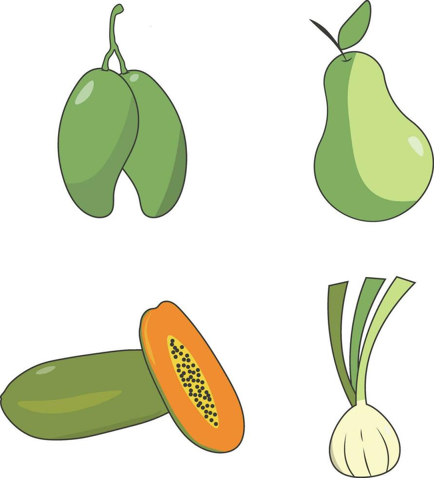 Früchte und Gemüse mit eben Design. Vektor Illustration Satz.
