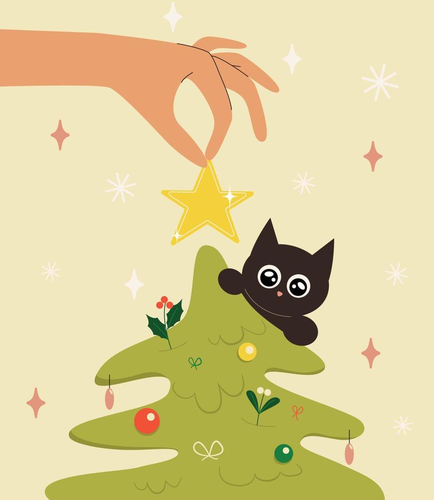 Weihnachtsgrußkarte mit Hand dekoriert hängt einen Weihnachtsspielzeugstern an einem Baum und einer Katze im flachen Stil vektor