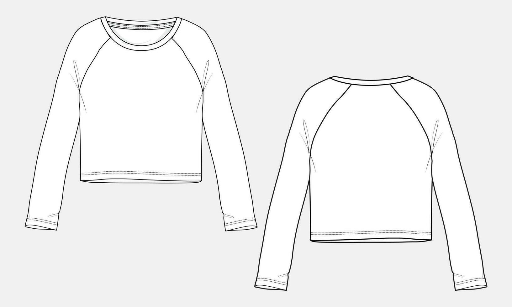 raglan lång ärm t skjorta blast blus teknisk teckning mode platt skiss vektor illustration mall för damer