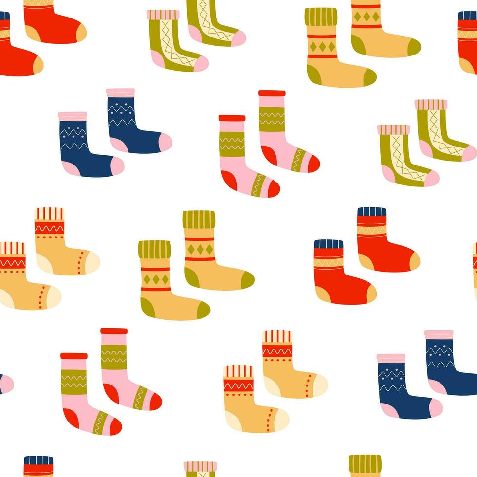 Paare von Socken nahtlos Muster. warm gestrickt Fuß tragen. Winter Feiertage. Hintergrund, Digital Papier, Verpackung Papier. vektor