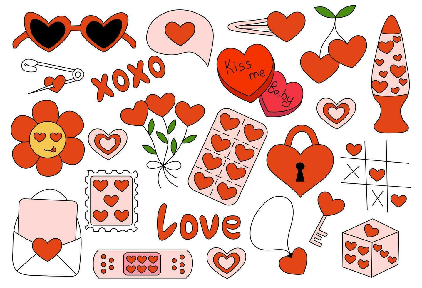 Valentinstag Tag Elemente. Süßigkeiten Herz, Umschlag, Kirsche, retro Lampe, Patch, Blumen, Haarnadel, Würfel, Tic-Tac-Toe Spiel. Vektor eben Illustration. Symbole, Aufkleber im y2k Stil.