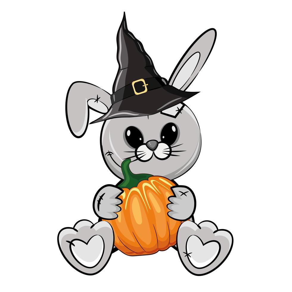 söt halloween illustration med en tecknad grå kanin i en häxhatt med pumpa isolerad på en vit bakgrund. tecknad vektor illustration.