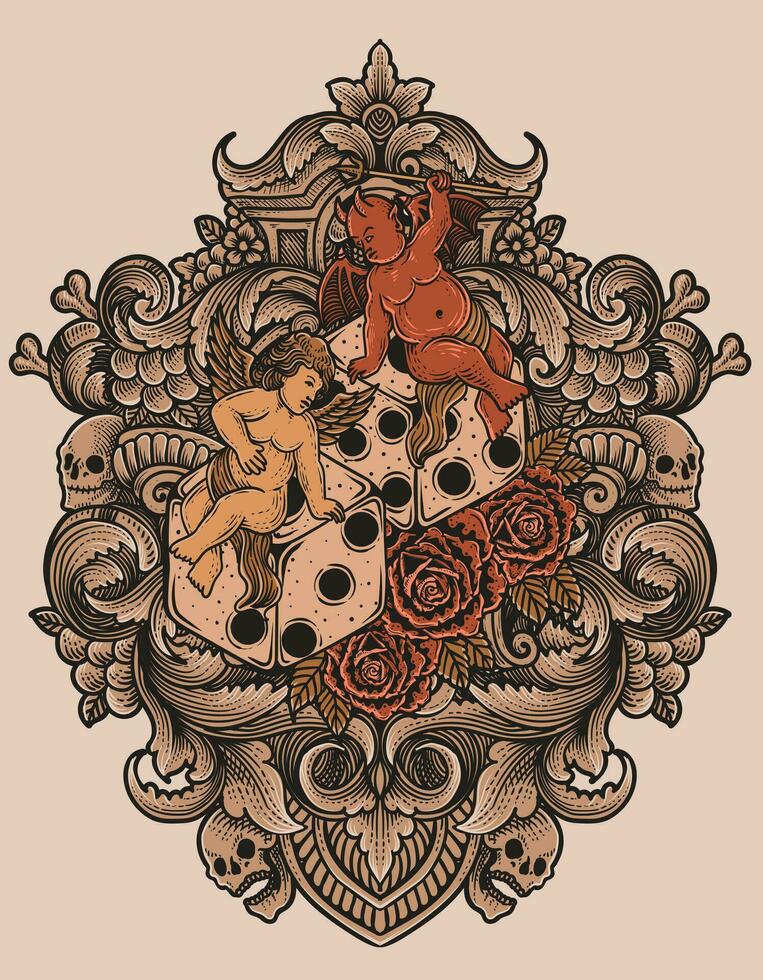 illustration hand ritade. ängel och demon Sammanträde på tärningar med reste sig blomma - årgång gravyr prydnad vektor