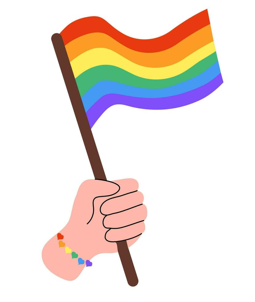hand med armband hjärtan innehav HBTQ flagga. hbtq. symbol av de HBTQ stolthet gemenskap. regnbåge. vektor platt illustration.