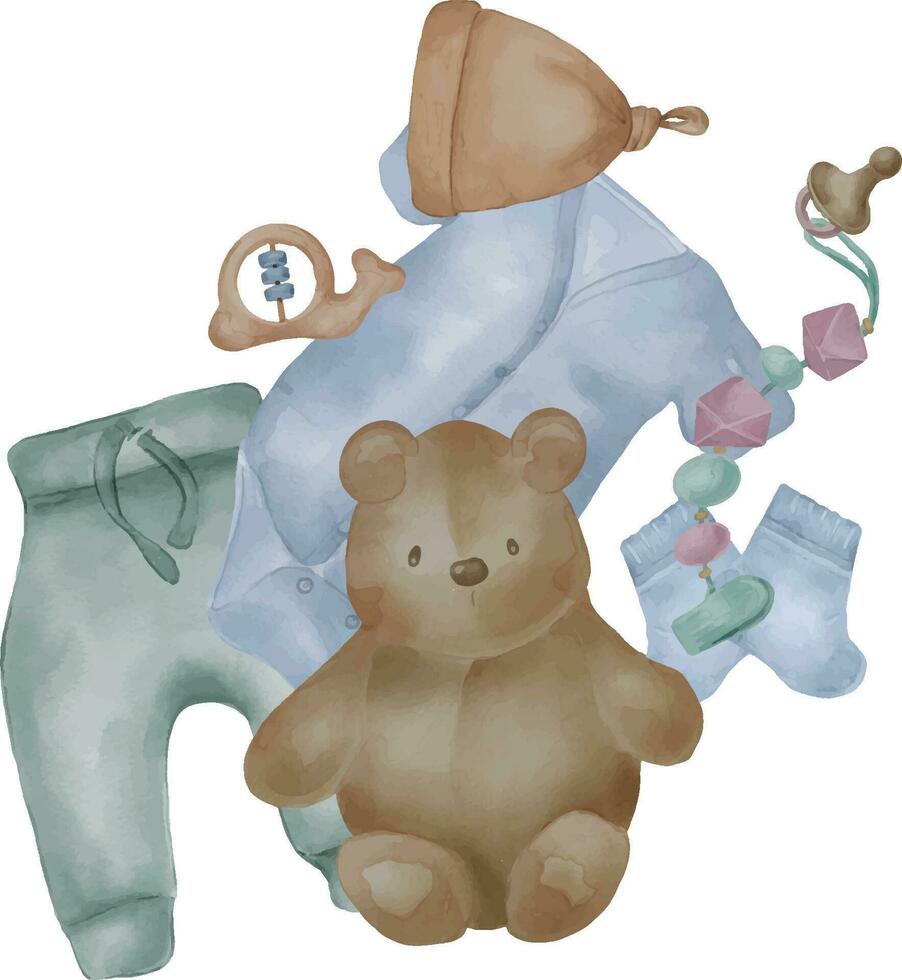 Aquarell Illustration mit Baby Kleider und Spielzeuge isoliert auf Weiß Hintergrund. Hand gezeichnet Junge Bodysuit im neutral Farbe. gemalt Teddy tragen, Sitzsack. Element zum dekorieren ein Zimmer neugeboren, Poster vektor