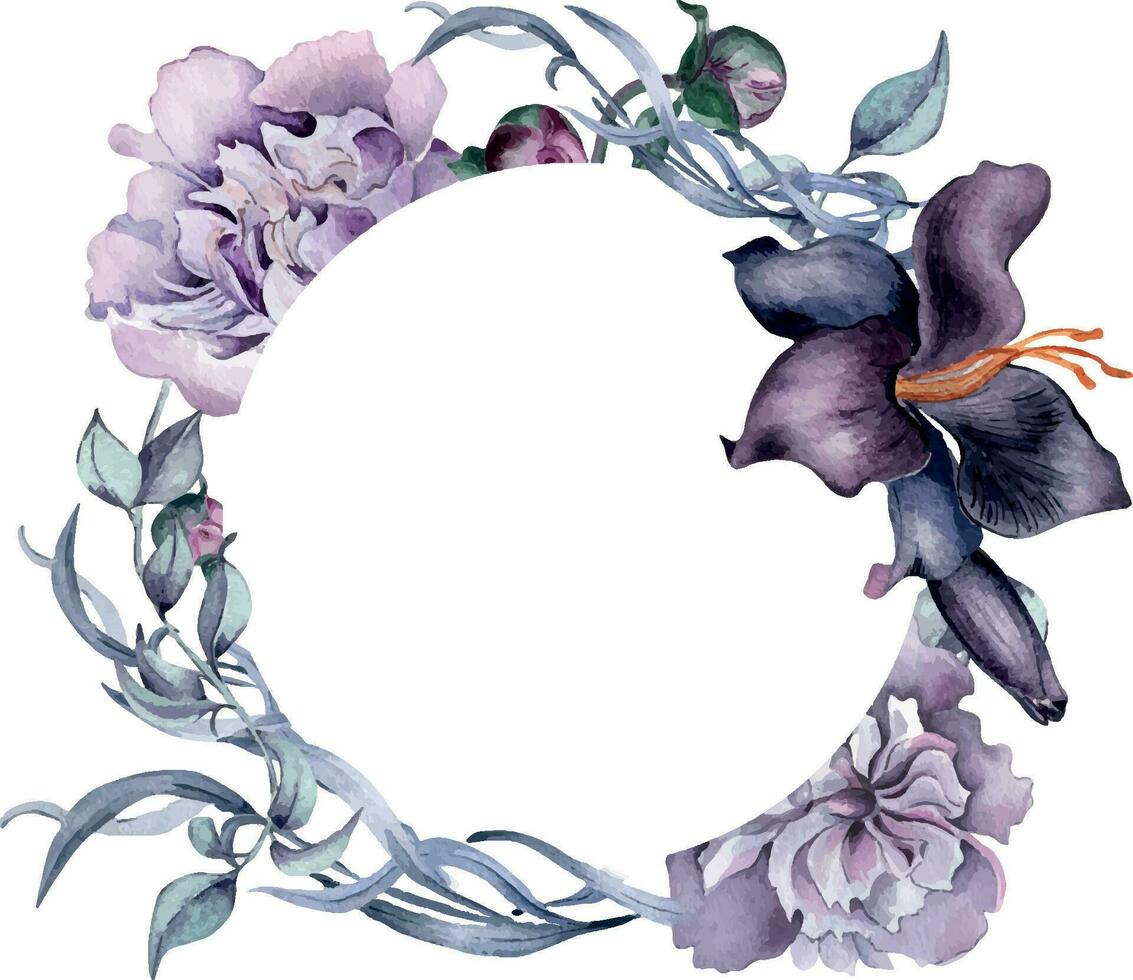 vattenfärg cirkel ram av lila rosa lilja blommor isolerat på vit. gotik blommig botanisk pion illustration hand ritade. bröllop dekoration i årgång stil. element för inbjudan, bakgrund vektor