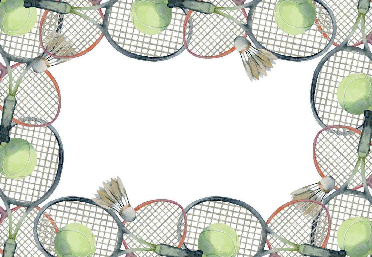 hand dragen vattenfärg sporter redskap Utrustning, tennis badminton boll, racket, hälsa kondition livsstil. illustration isolerat gräns ram på vit bakgrund. design affisch, skriva ut, hemsida, kort, affär vektor