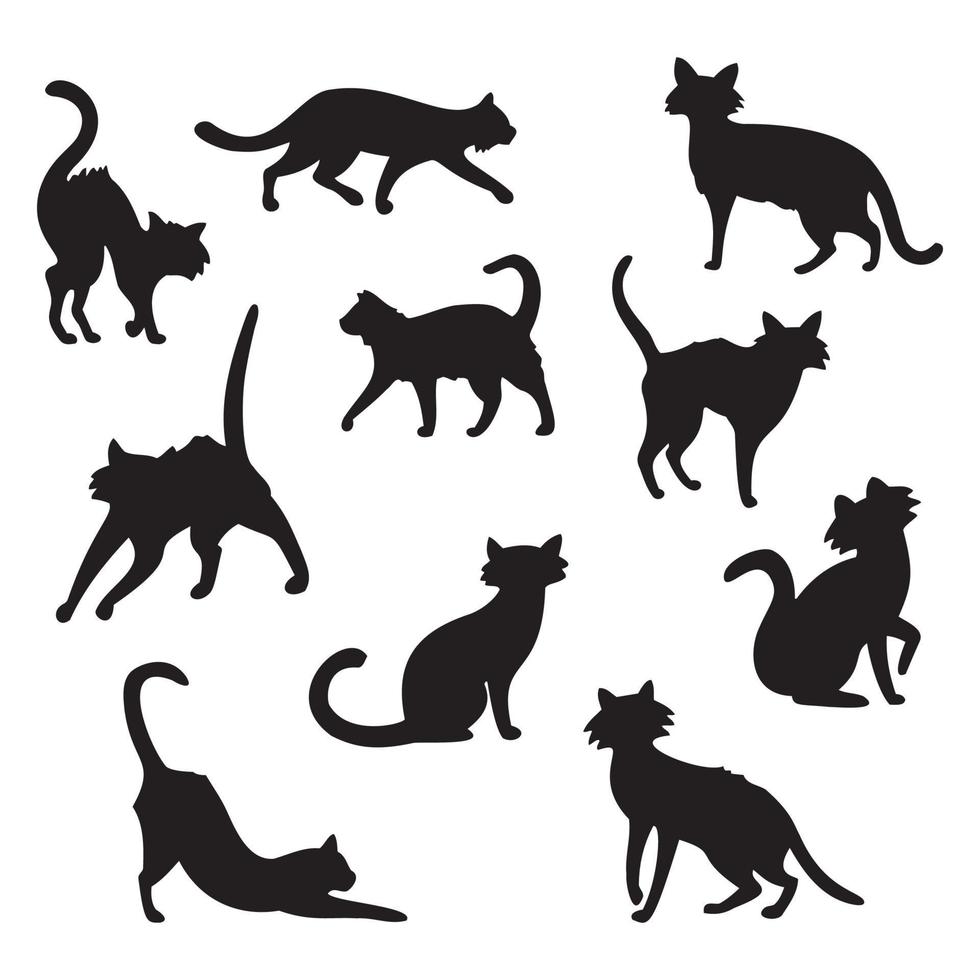 Sammlung von 10 schwarzen Halloween-Katzen auf weißem Hintergrund - Vektor