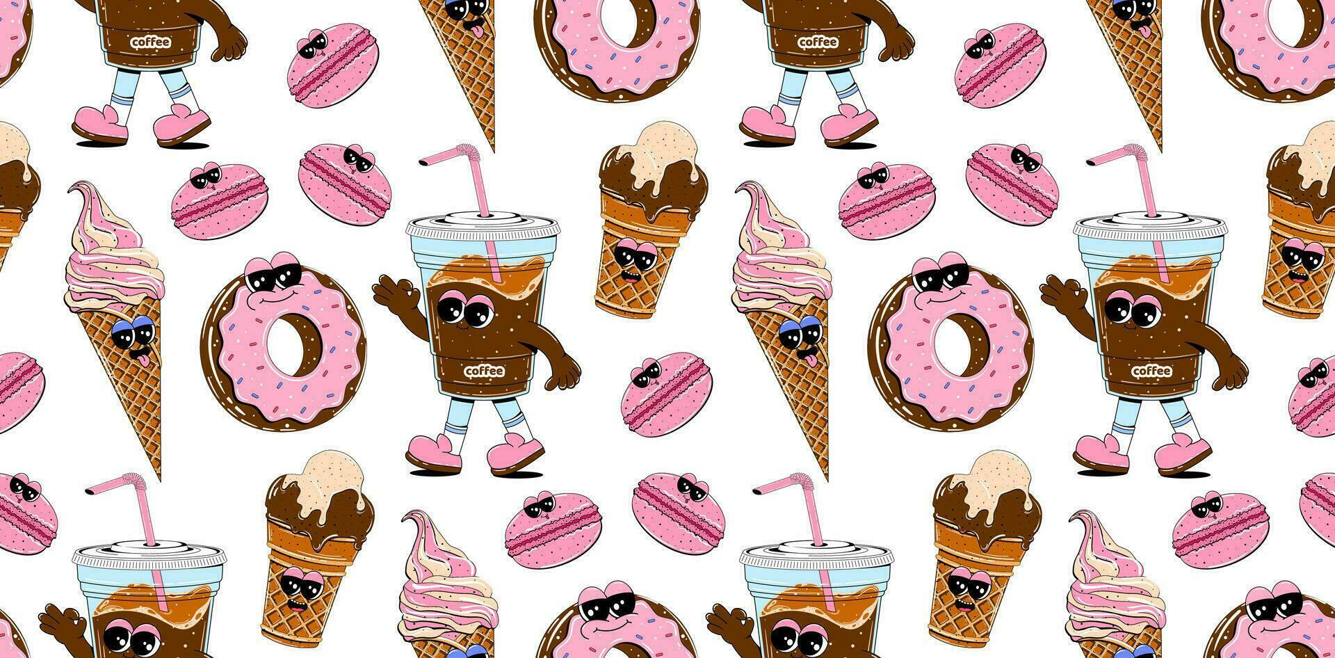 nahtlos Muster mit Süßigkeiten Zeichen im retro Karikatur Stil. Eis Creme, Kaffee, Makrone, Krapfen, Cupcake. modern Hintergrund zum Kaffee Geschäft, Speisekarte, Restaurant. vektor