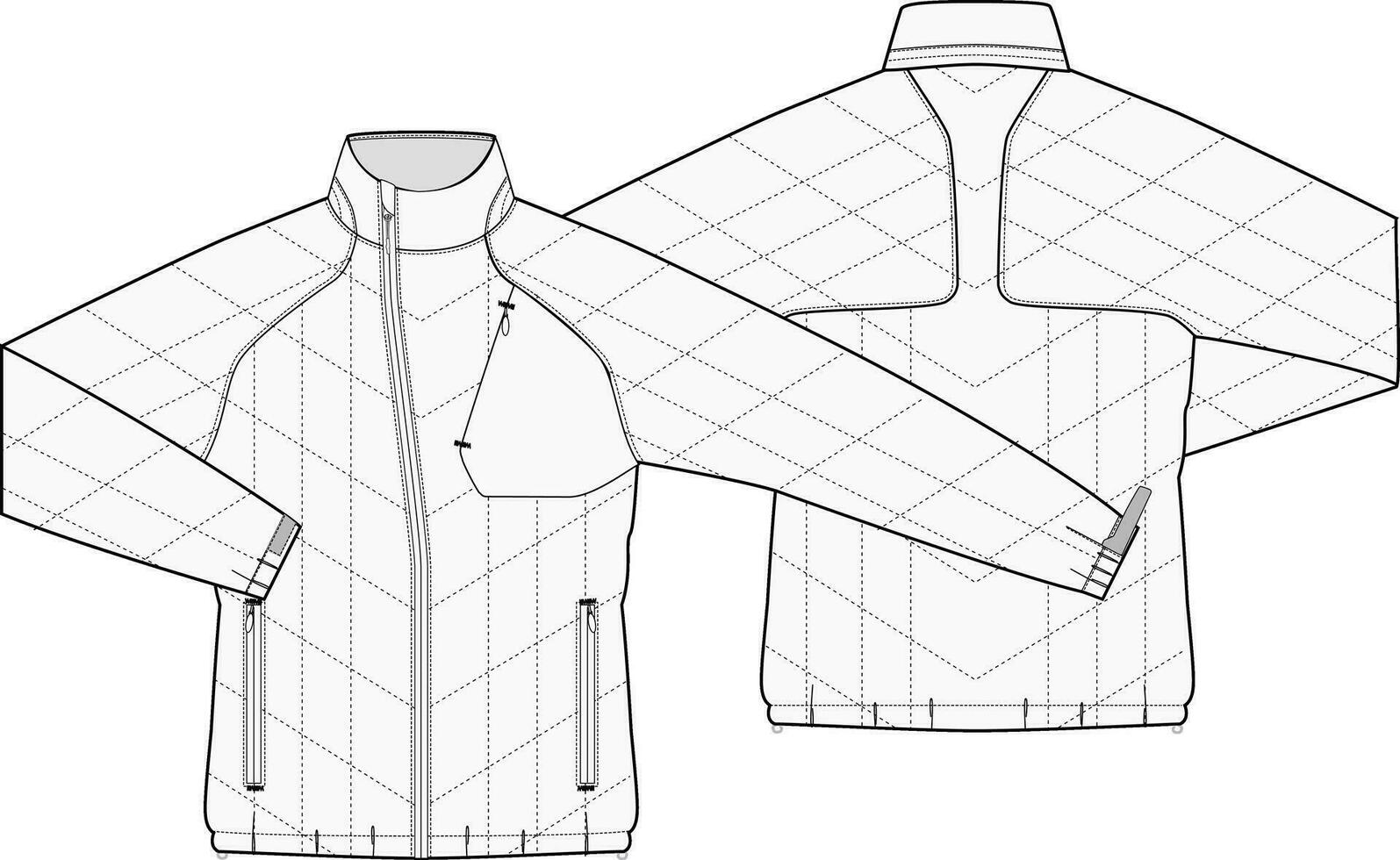 gesteppt Jacke technisch Mode Illustration. gesteppt gepolstert Nieder Jacke Mode technisch Zeichnung Vorlage, abgewinkelt Reißverschluss, Tasche, Vorderseite und zurück vektor