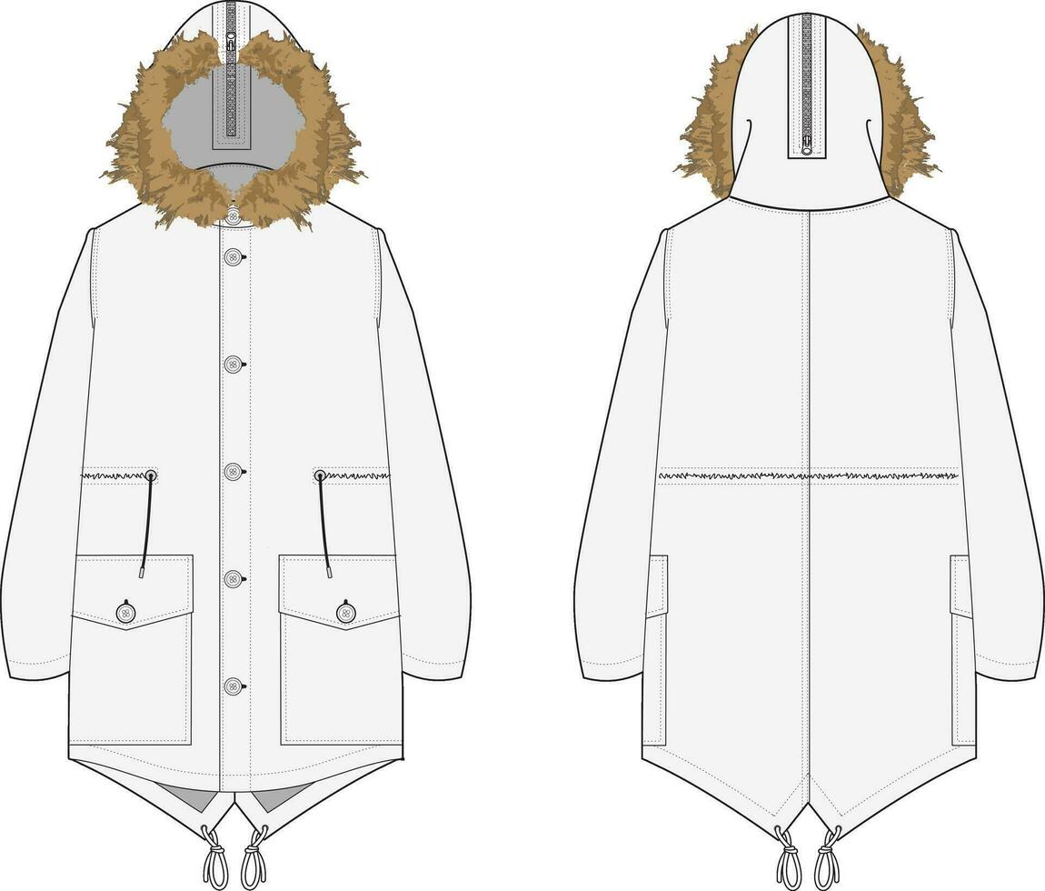 Fischschwanz Jacke Militär- Pelz mit Kapuze Vorderseite und zurück Aussicht vektor