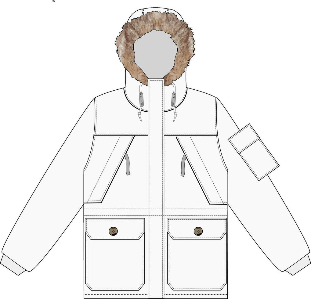 parkas jacka, päls huvor vinter- jacka illustration, vektor, cad, teknisk teckning, platt teckning, mall, mockup. vektor