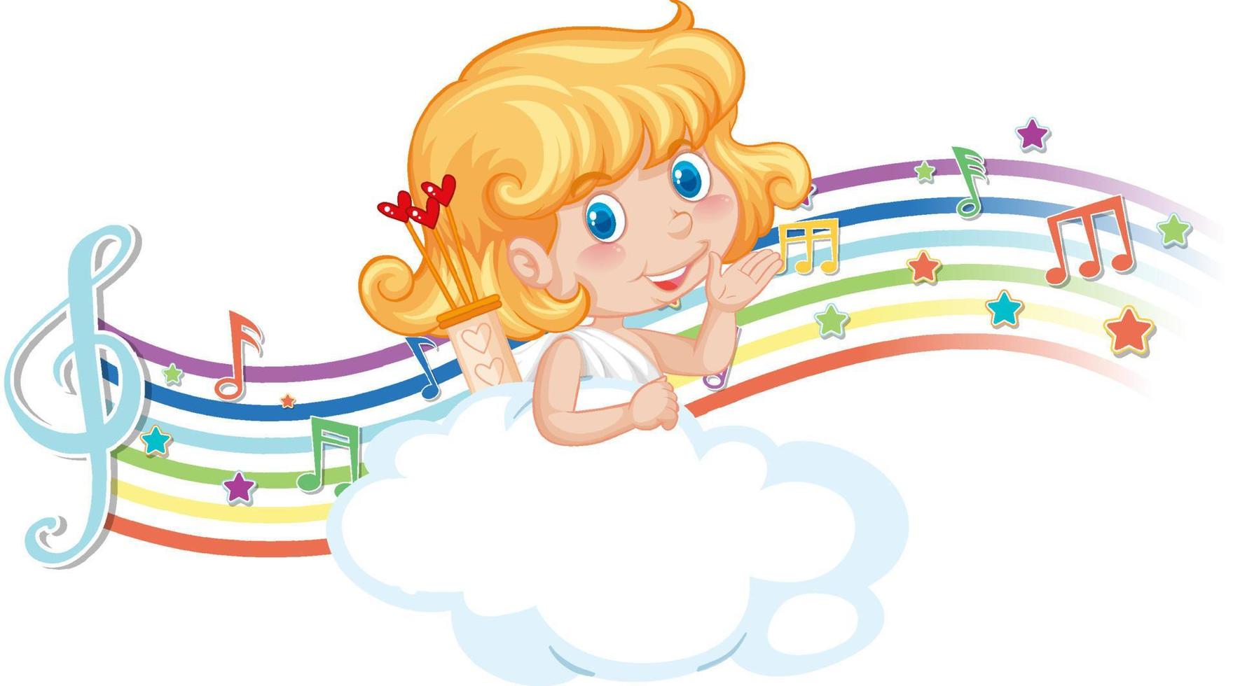 cupid flicka karaktär på molnet med melodisymboler på regnbågen vektor
