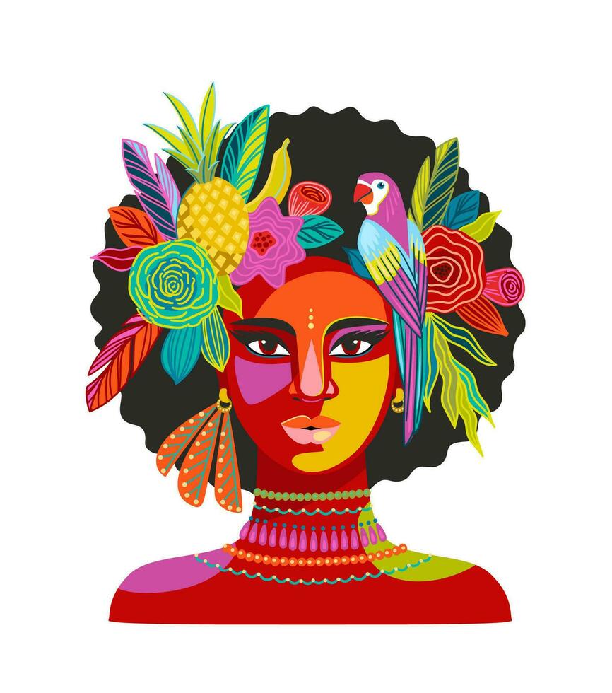 porträtt av kvinna i Brasilien karneval utrusta. vektor isolerat abstrakt illustration. design element för karneval begrepp och Övrig använda sig av