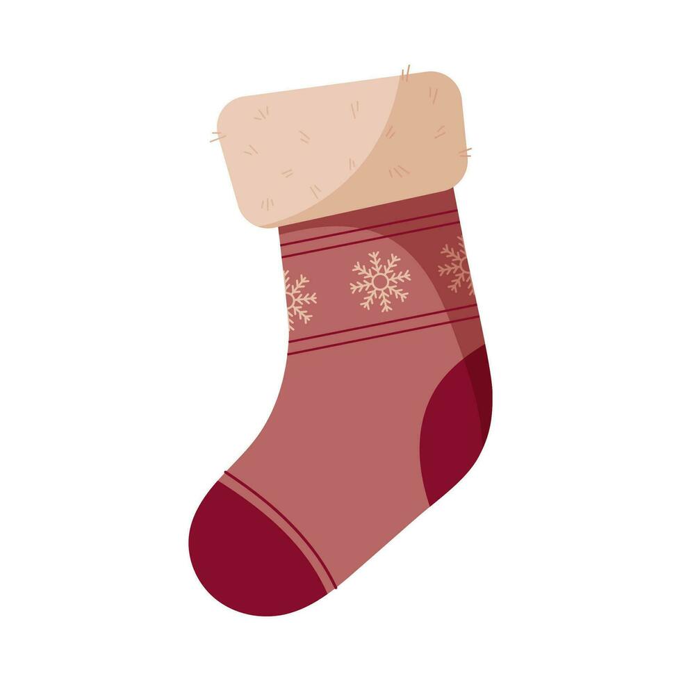 Weihnachten Socke mit Schneeflocken. Strumpf zum Geschenke. Vektor Illustration im Karikatur eben Stil isoliert auf Weiß Hintergrund.