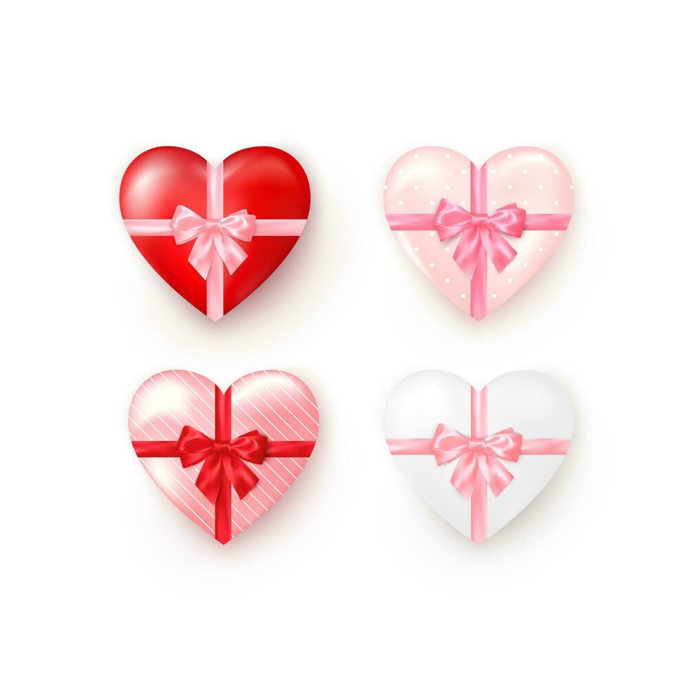 einstellen von Herz geformt Geschenk Kisten mit Seide Bogen. Valentinsgrüße Tag Gruß Karte Vorlage Element. Vektor