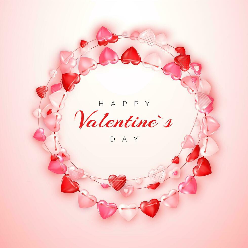valentines dag hälsning kort mall med text och dekoration krans av hjärtan. vektor