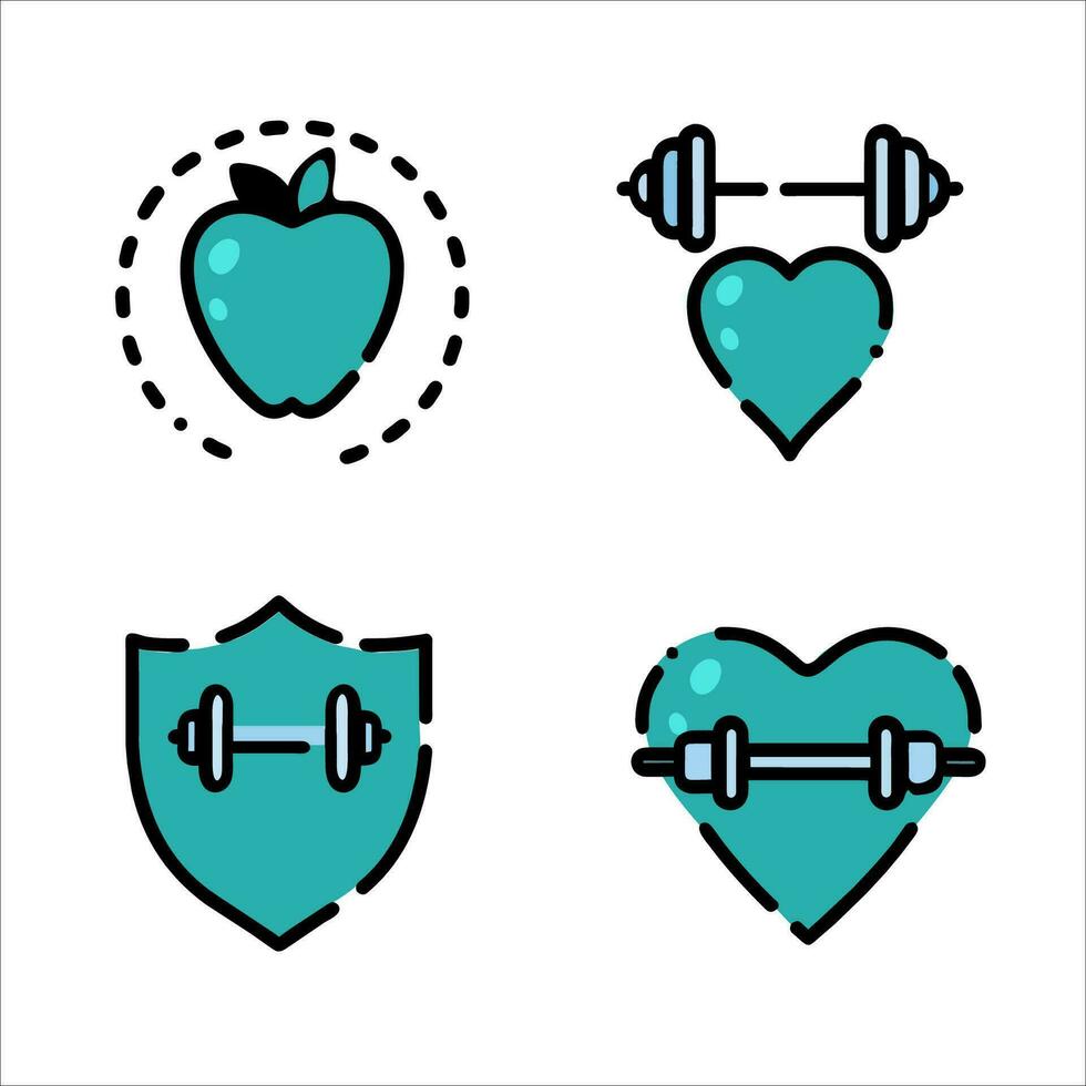 Fitness Symbol Satz. Herz, Hanteln, Apfel, Schild. Vektor Illustration.