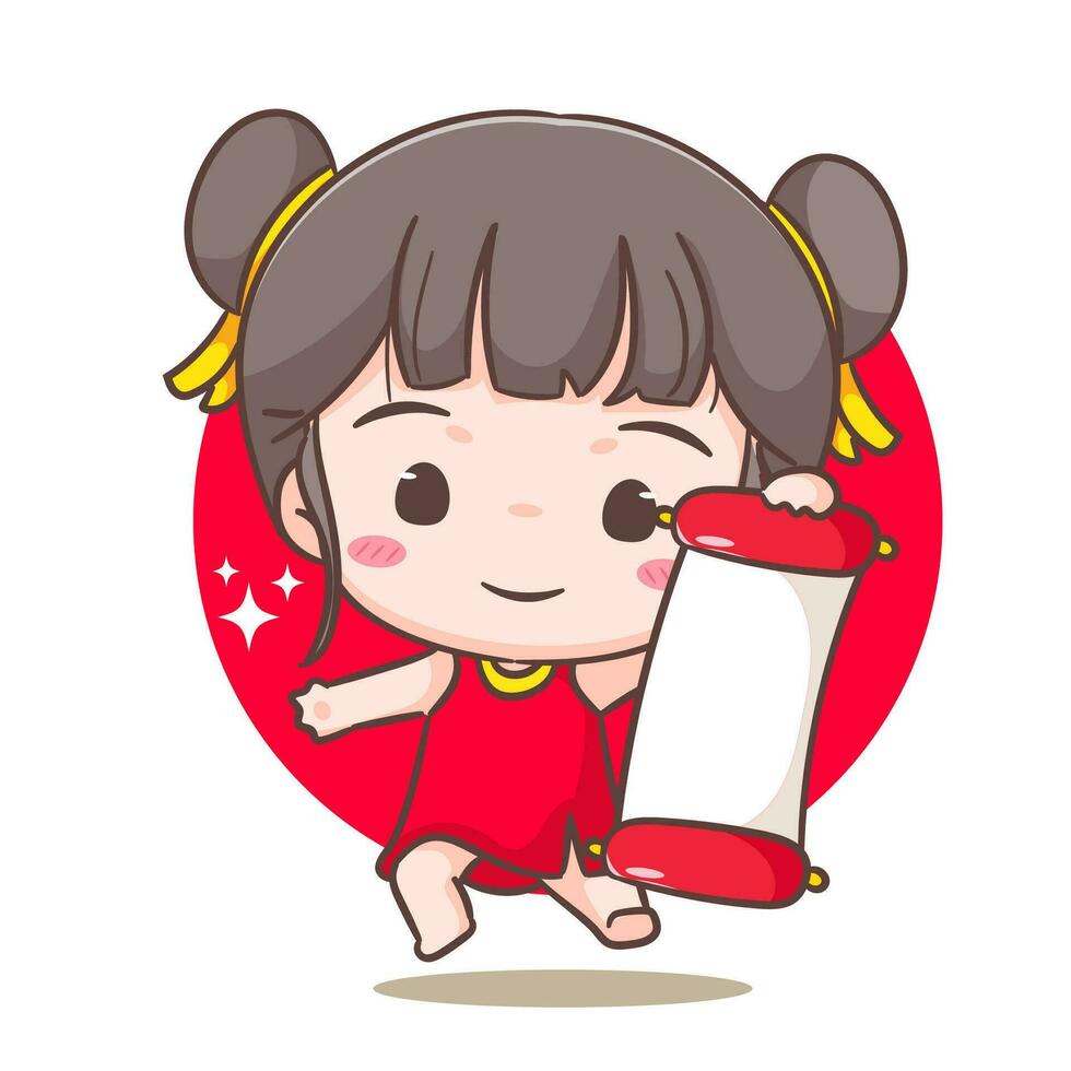 süß Mädchen feiern Chinesisch Neu Jahr Karikatur Vektor Illustration. Chinesisch Jahr Konzept Design. bezaubernd Chibi Hand gezeichnet. isoliert Weiß Hintergrund.