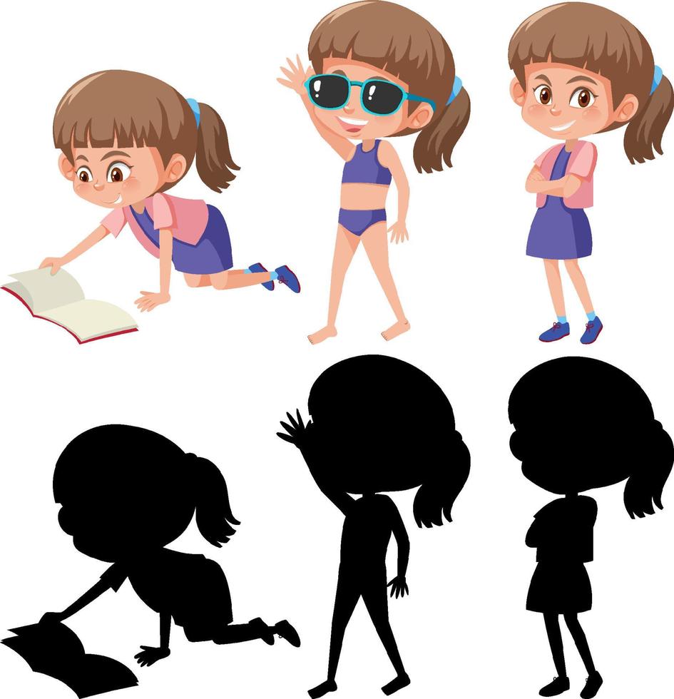 uppsättning av en tecknad flicka i olika positioner med sin silhuett vektor