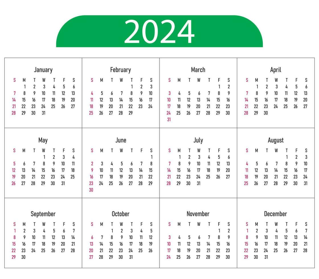 kalender 2024 år. vektor illustration. de vecka börjar på söndag.