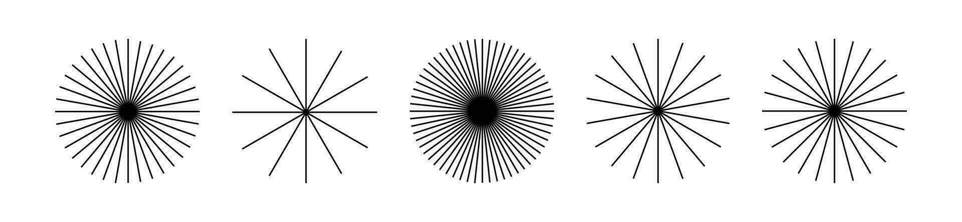 Starburst Streifen runden Satz. Strahl Linien ausgehen von das Center von das Kreis. Pack von geometrisch Elemente. isoliert Vektor Illustration auf Weiß Hintergrund.