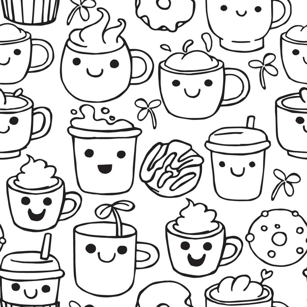 sömlös mönster av söt koppar med kaffe, vektor teckning i klotter stil, söt.
