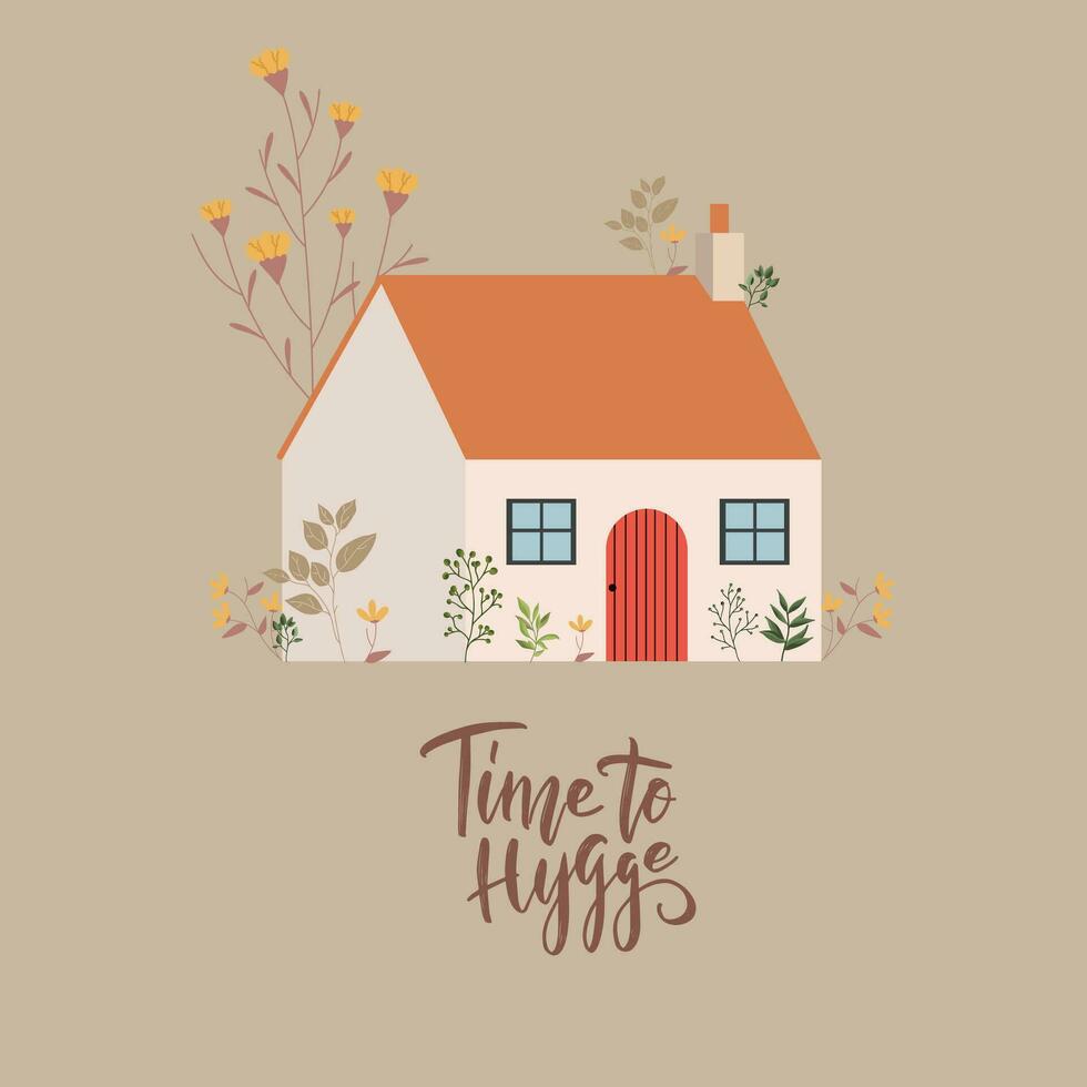 isolerat hus byggnad med löv och blommor tid till hygge begrepp vektor illustration