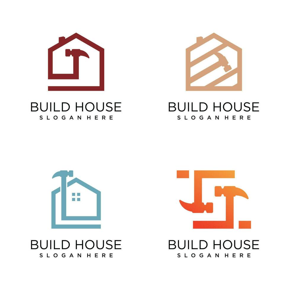 Haus bauen Logo Vektor Design mit Hammer Stil und kreativ Konzept