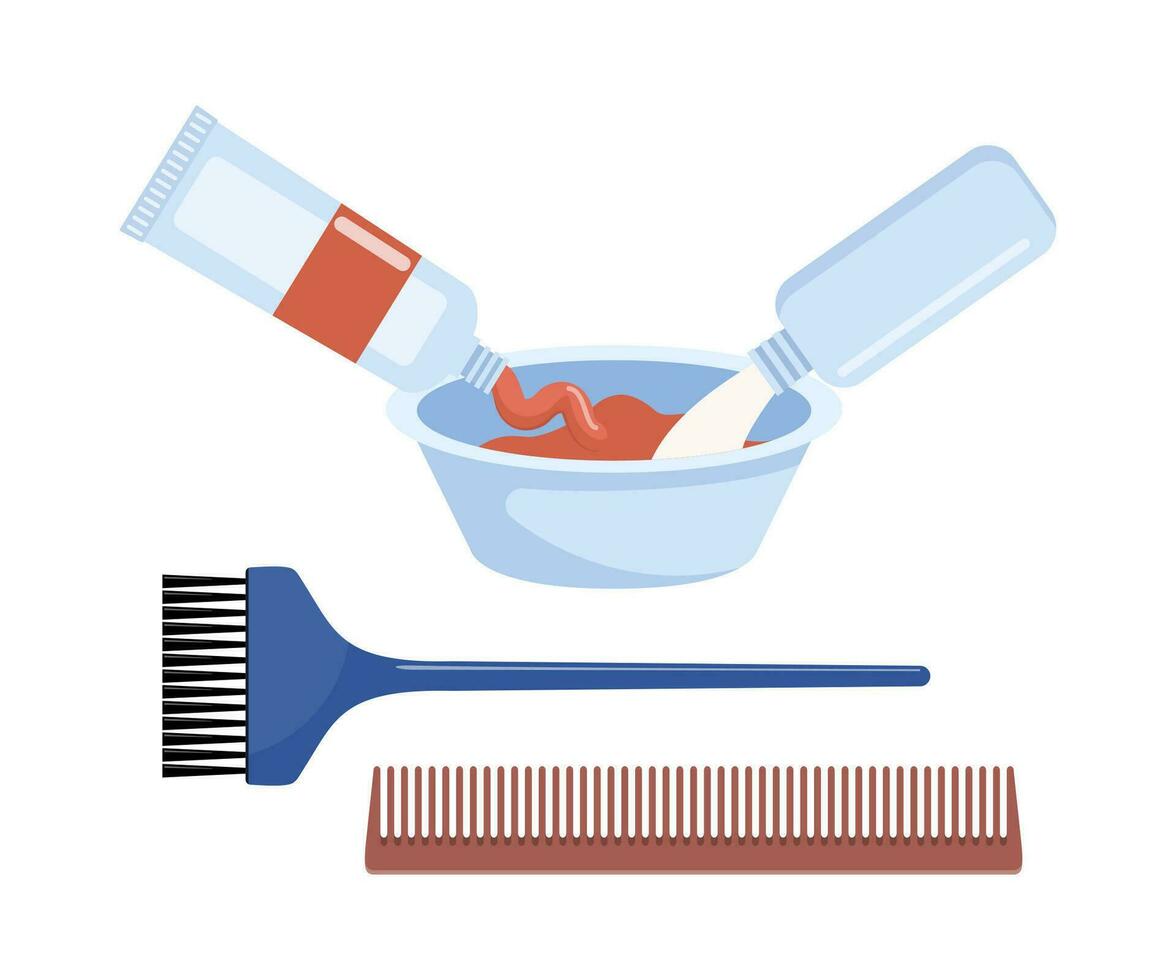 Mischen Farbstoff und Oxidationsmittel im ein Plastik Schüssel zum Haar Färbung. Haar Färbung Elemente. Werkzeuge und kosmetisch Produkte zum Haar Pflege. Elemente zum Schönheit Salon. Vektor Illustration.