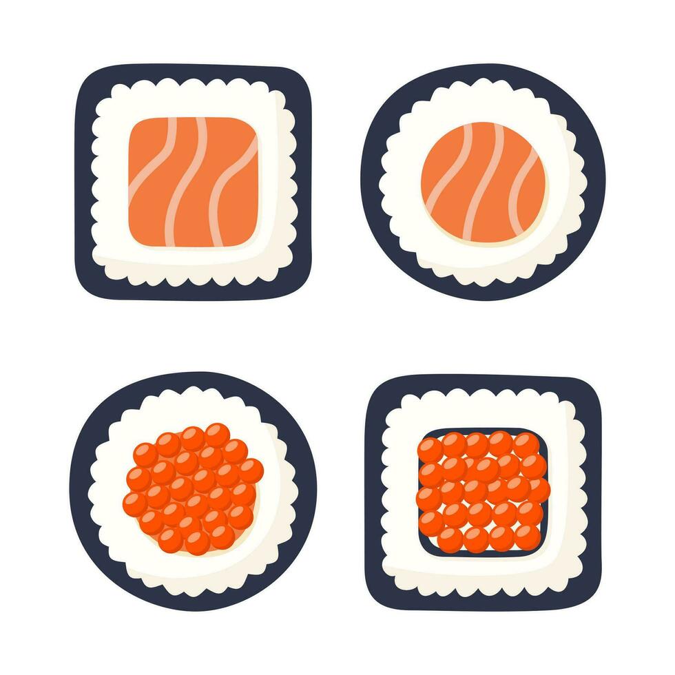 Sushi rollen Vektor Satz. japanisch Küche, traditionell Lebensmittel. Vektor Illustration.