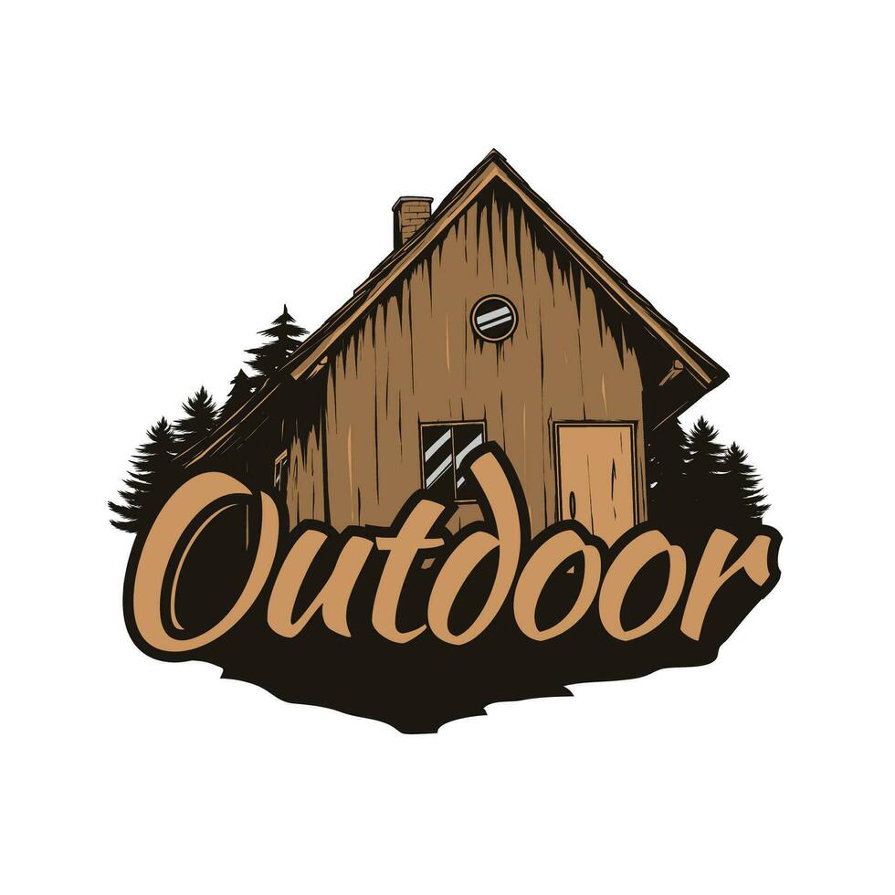 utomhus- logotyp med trä- hus design vektor