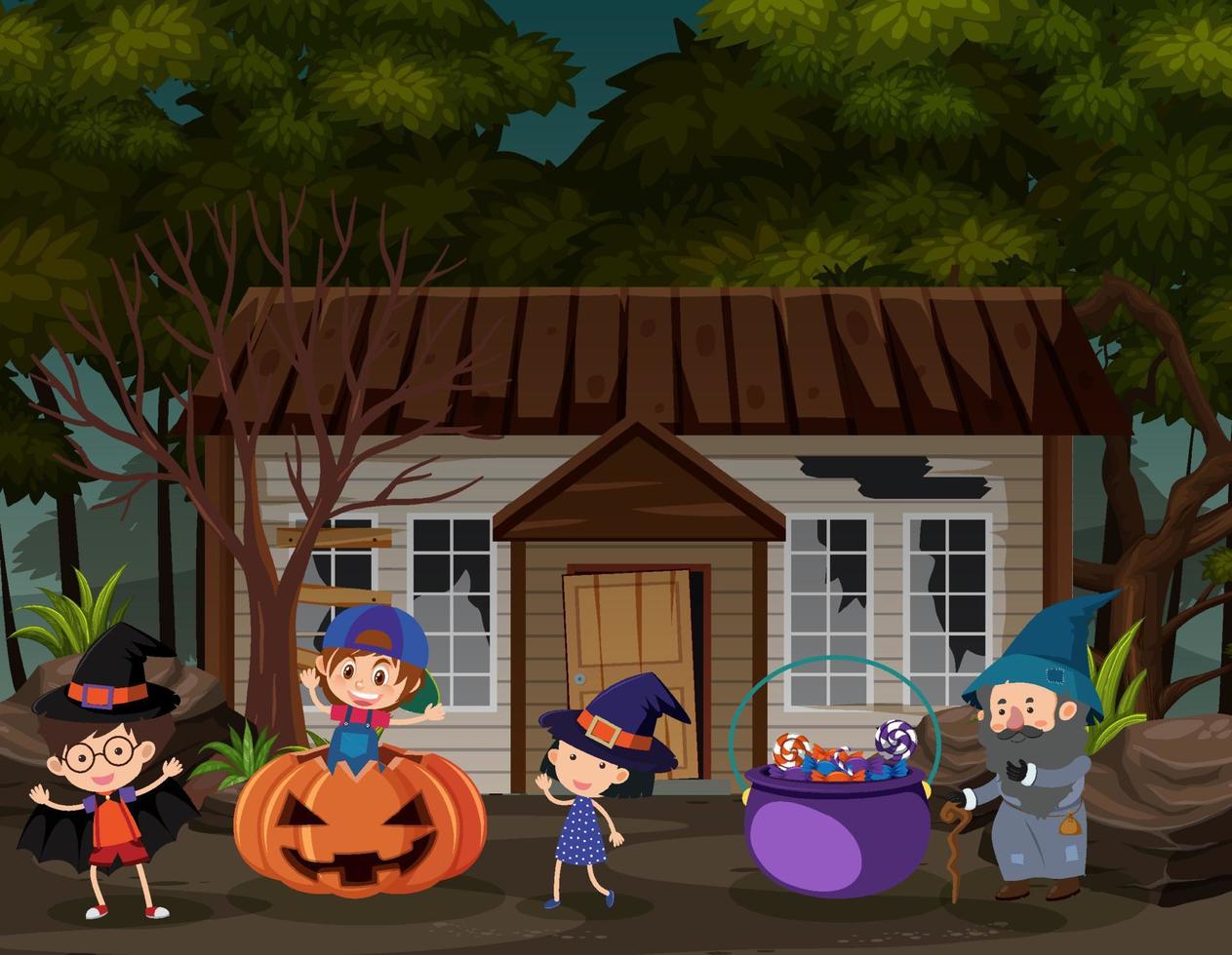 Kinder feiern Halloween im Geisterhaus vektor