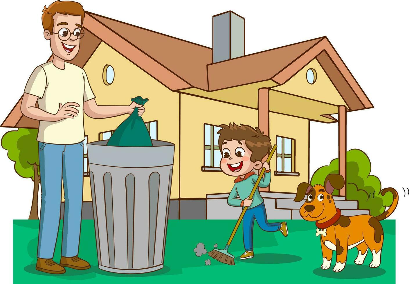 vektor illustration av far och barn rengöring de hus med en sopor kan och en hund.