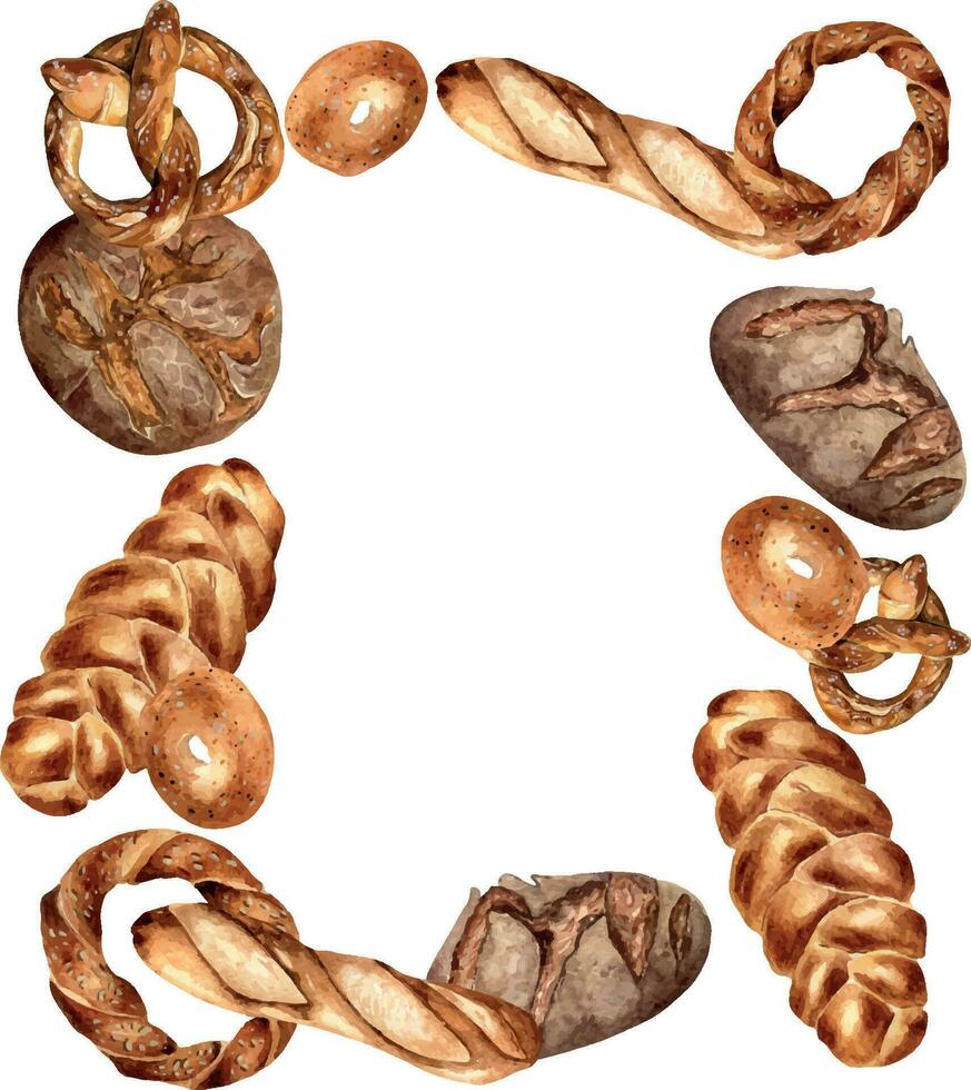 Rahmen von Vielfalt Brot Aquarell isoliert auf Weiß. Hand gezeichnet Roggen brot, Brezel zum Bäckerei. gemalt Challah, Bagel. Illustration von simit, Stangenbrot. Element zum Design Bäckerei, Verpackung, Speisekarte vektor