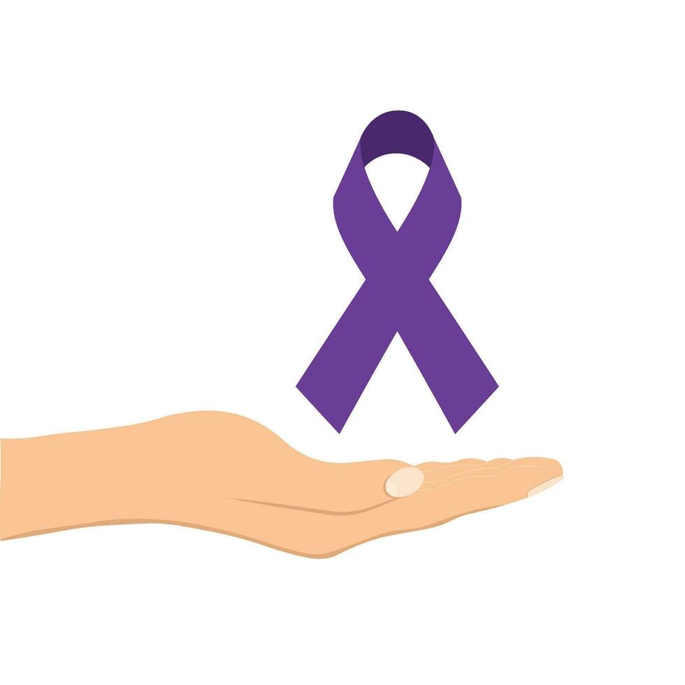 weiblich Hand zeigen lila Bewusstsein Schleife. Bewusstsein Monat und Welt Krebs Tag konzept.für ein Poster oder Banner vektor