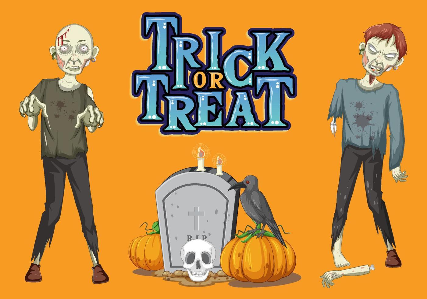 trick or treat text logo med två läskiga zombies vektor