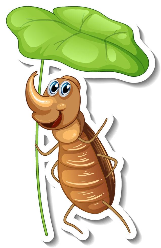 Aufklebervorlage mit Cartoon-Figur eines Käfers, der ein Blatt isoliert hält a vektor