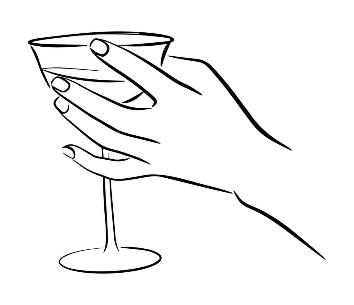 hand med en glas dragen i linje konst stil. vektor illustration.